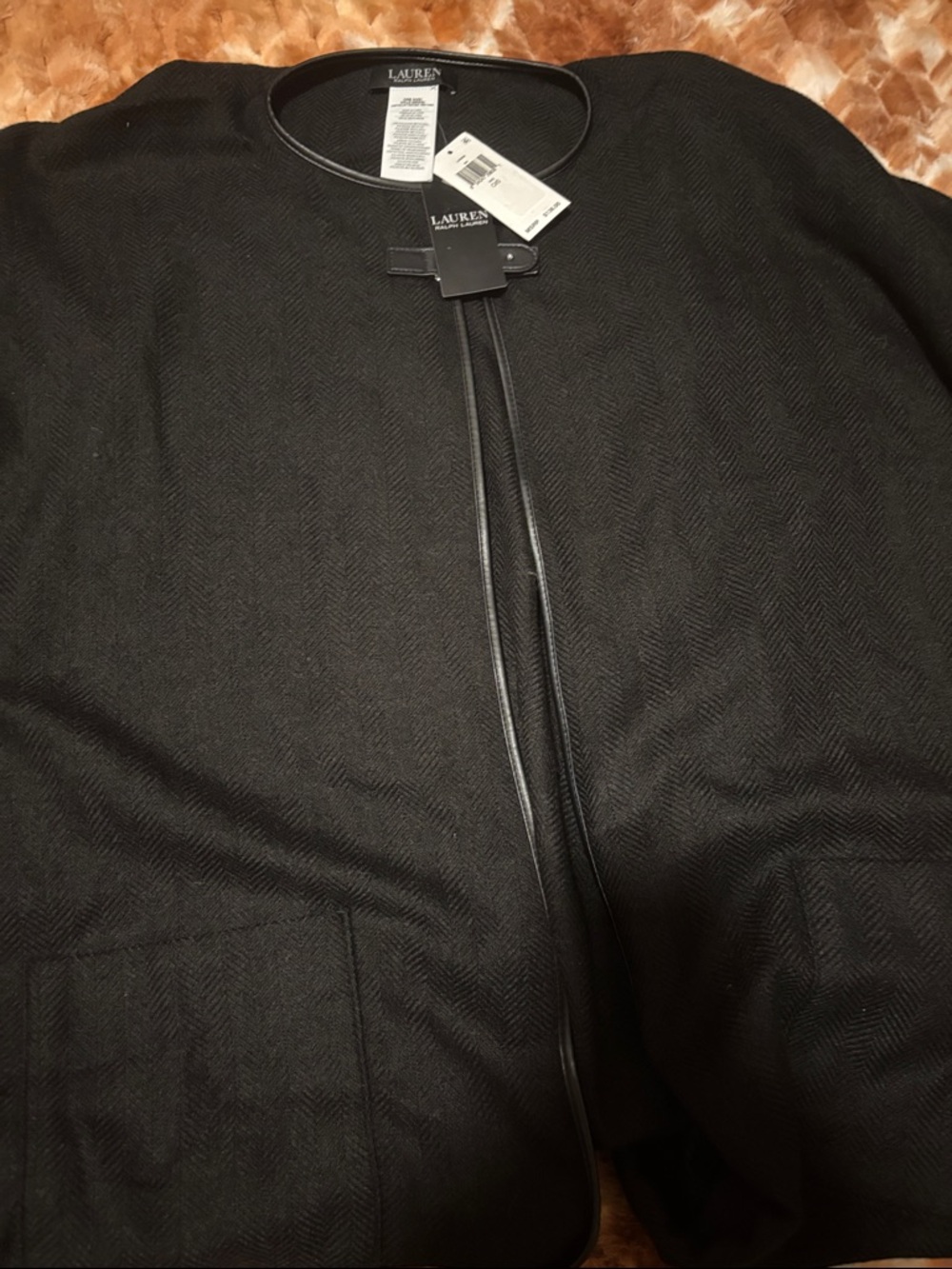 Lauren Ralph Lauren Black Open-Front Cardigan with Leather Trim